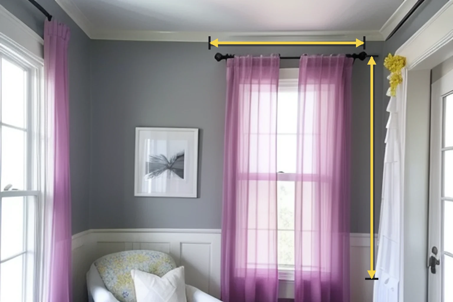 Curtained window with horizontal and vertical measurement lines