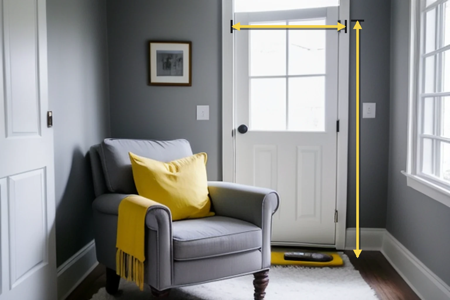 Armchair beside an interior doorway with width and height clearance lines