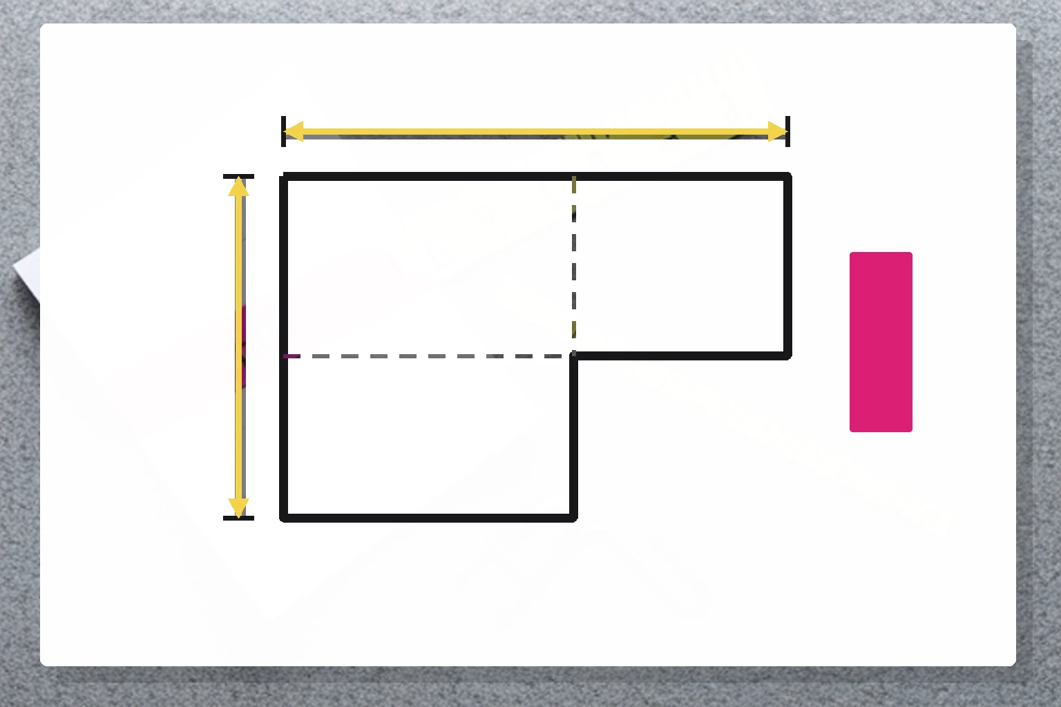 L-shaped room outline divided into rectangles with dimension lines