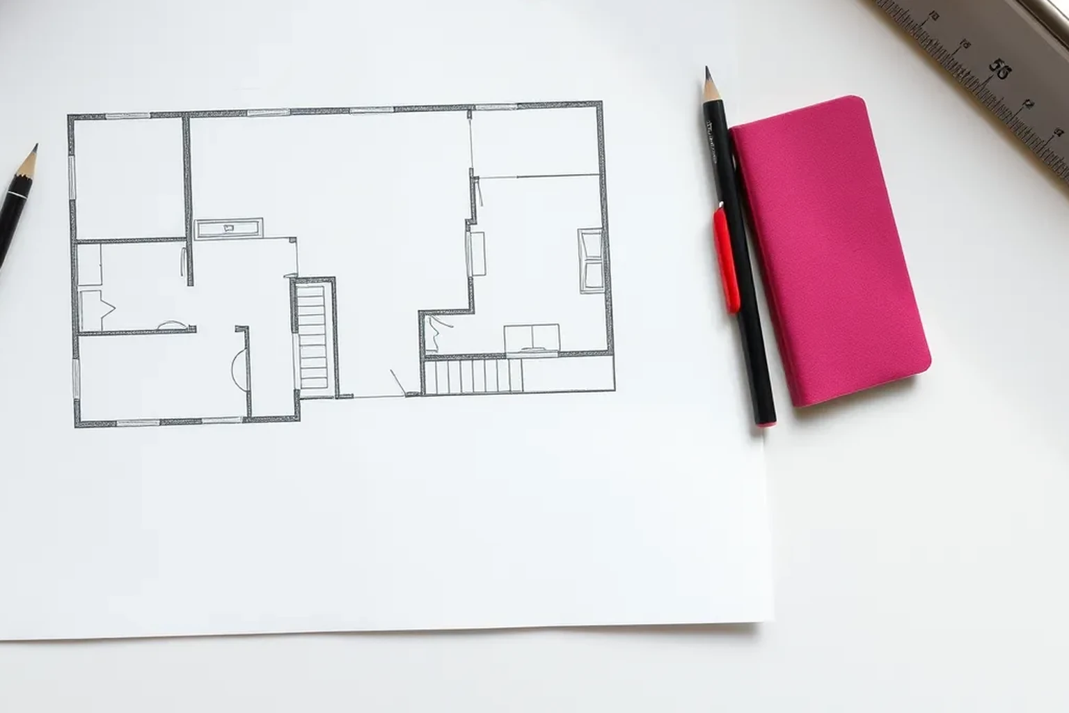 Unlabelled room plan with pencils, a notebook, and steel ruler on a white work surface