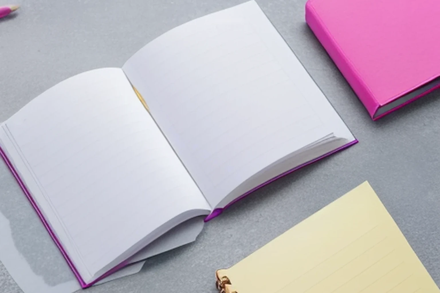 Open blank notebook, yellow record sheet, and magenta notebook on a gray work surface
