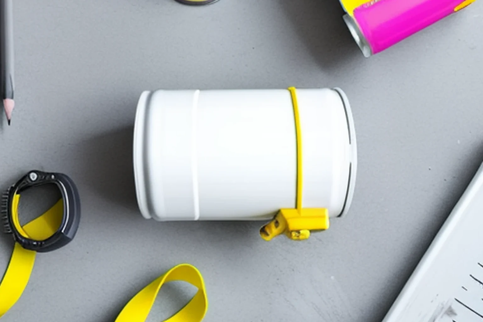 White paint container, yellow tape measure, pencils, and paint roller on a gray work surface
