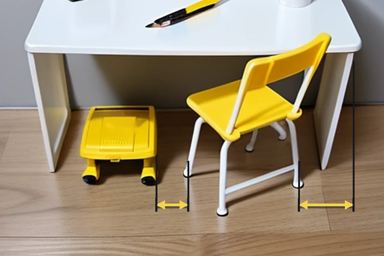 Compact desk and chair arrangement with clearance measurement lines