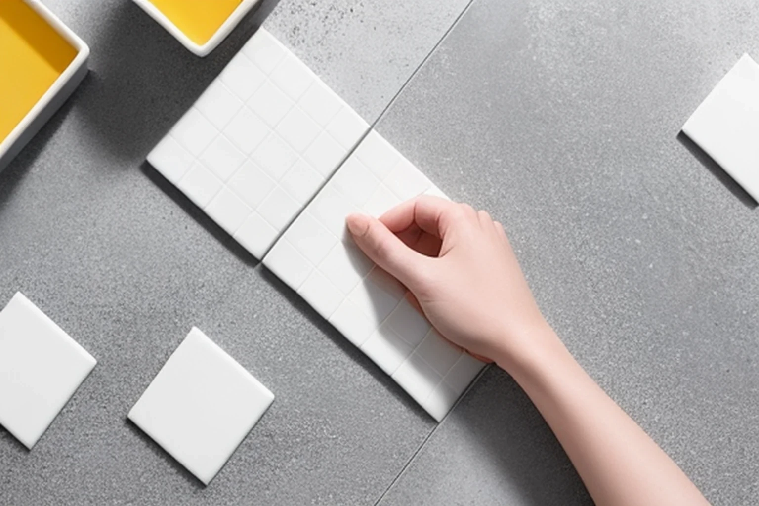 Hand arranging white tile samples on a gray tiled work surface